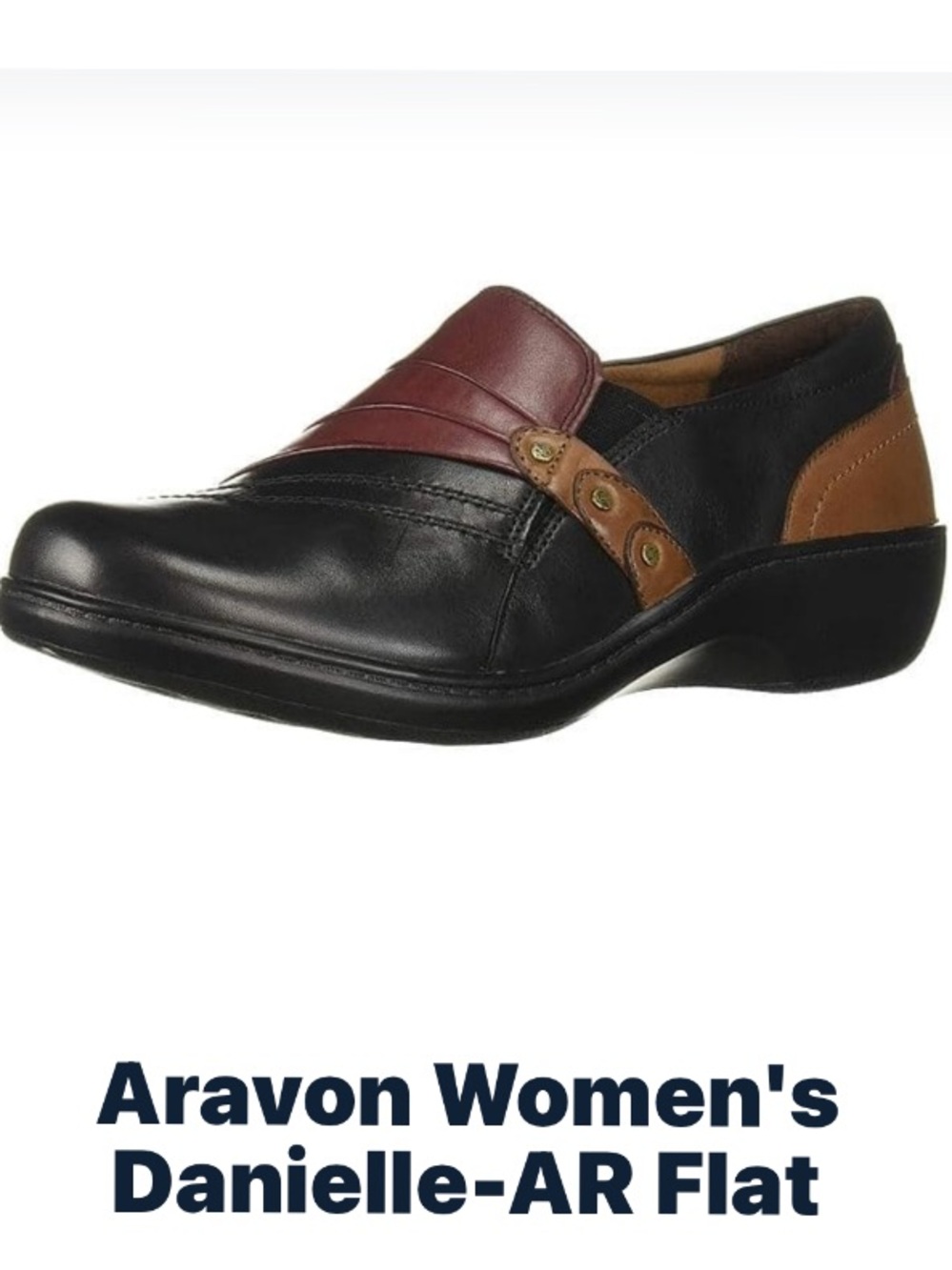 NWT Aravon Women's Danielle-AR Flat Leather Slip-On in Black, Burgundy & Tan